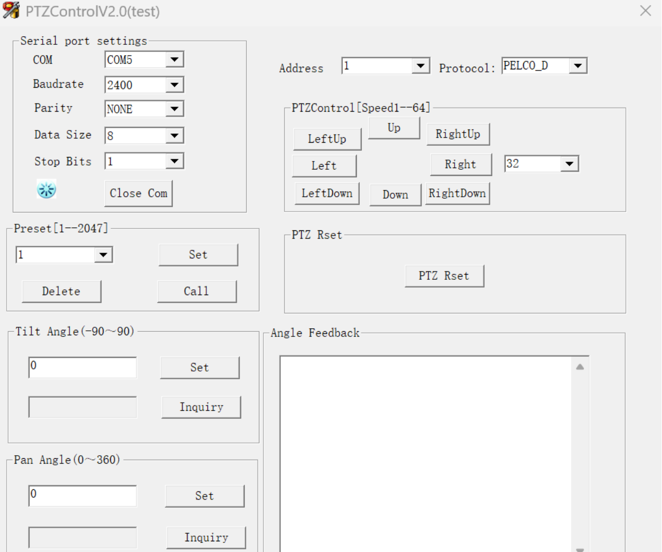 RS485/RS422แพนเอียงหน่วยควบคุมซอฟต์แวร์สำหรับ Windows